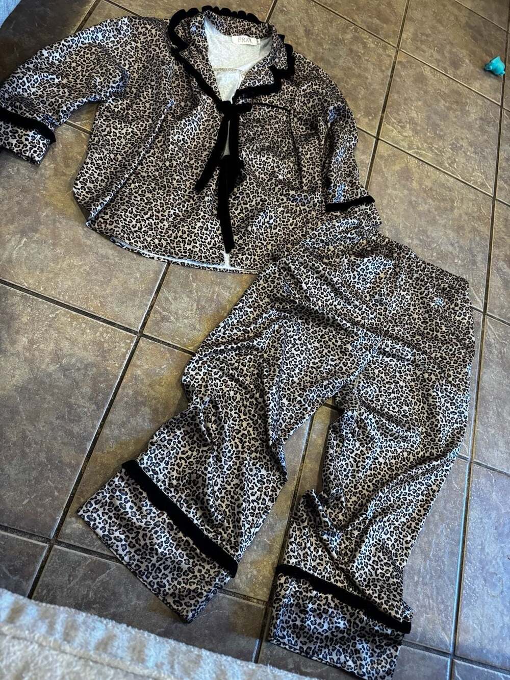 FRAY Leopard Print Satin Pajama Set with Velvet Trim